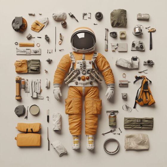 Tools and instruments arranged in a flat-lay knolling composition
